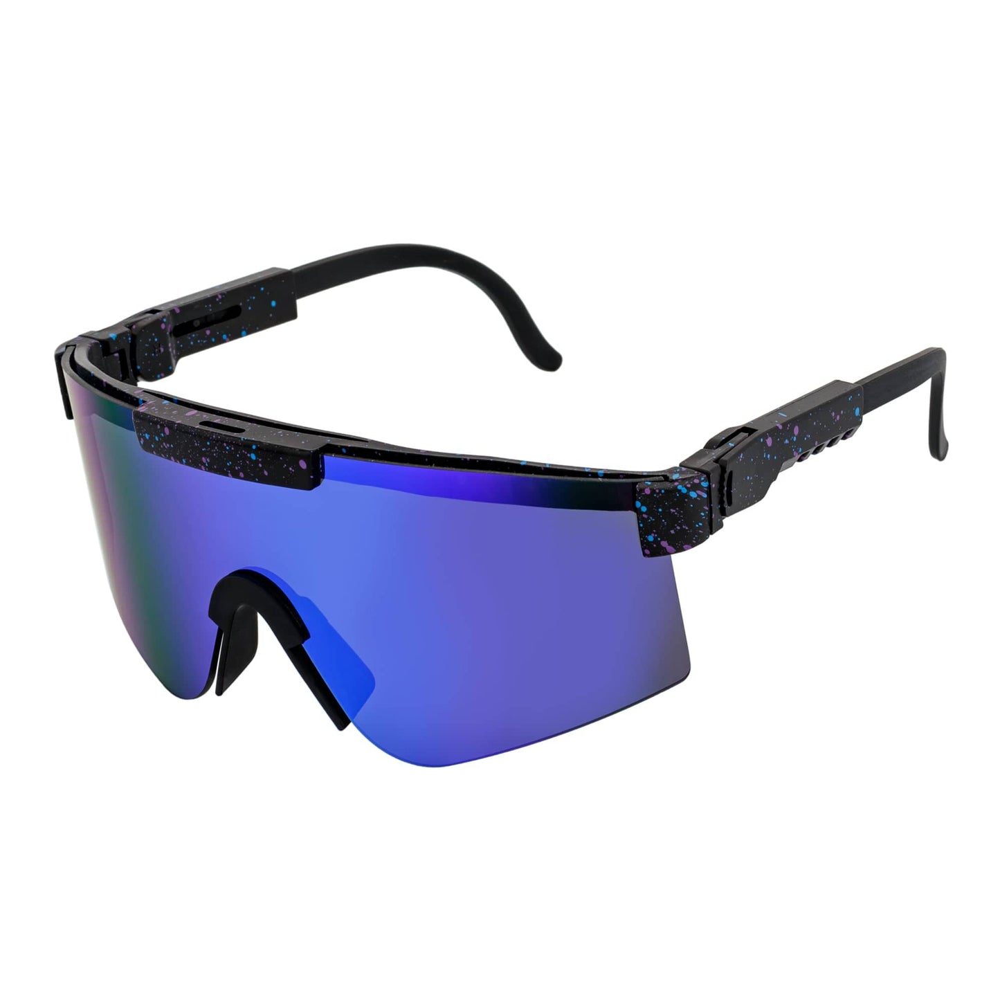 COBRA - Large Adjustable Shield Sunglasses Black Blue-Speckled Blue Mirror