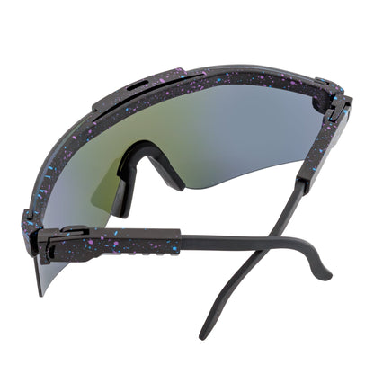 COBRA - Large Adjustable Shield Sunglasses Black Blue-Speckled Blue Mirror