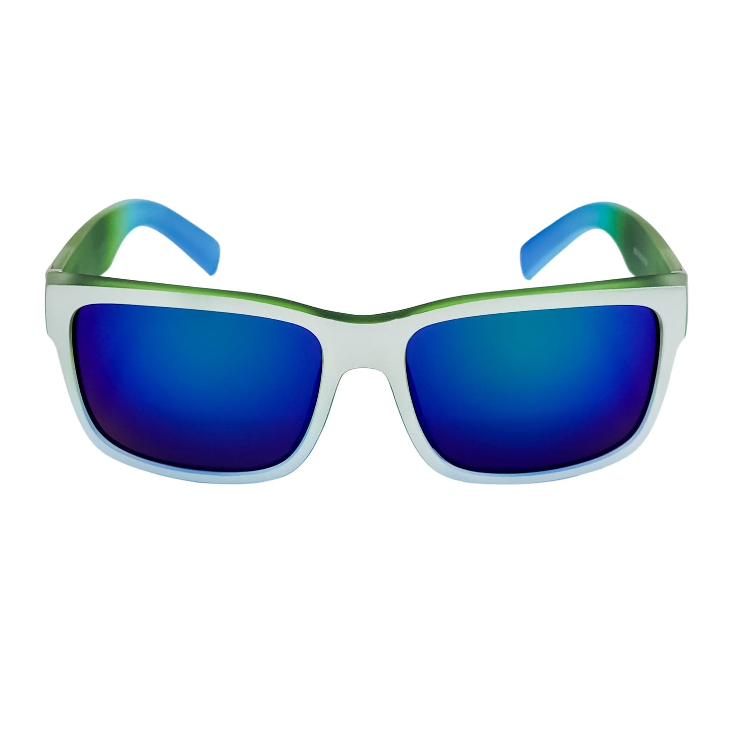 ENZO - Modern Sports Thick Square Sunglasses White-Green Blue Mirror