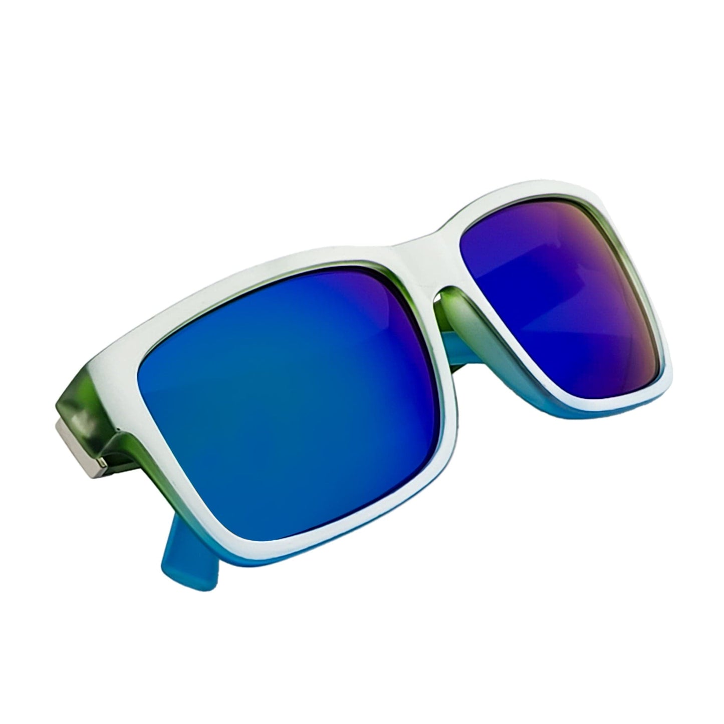 ENZO - Modern Sports Thick Square Sunglasses White-Green Blue Mirror