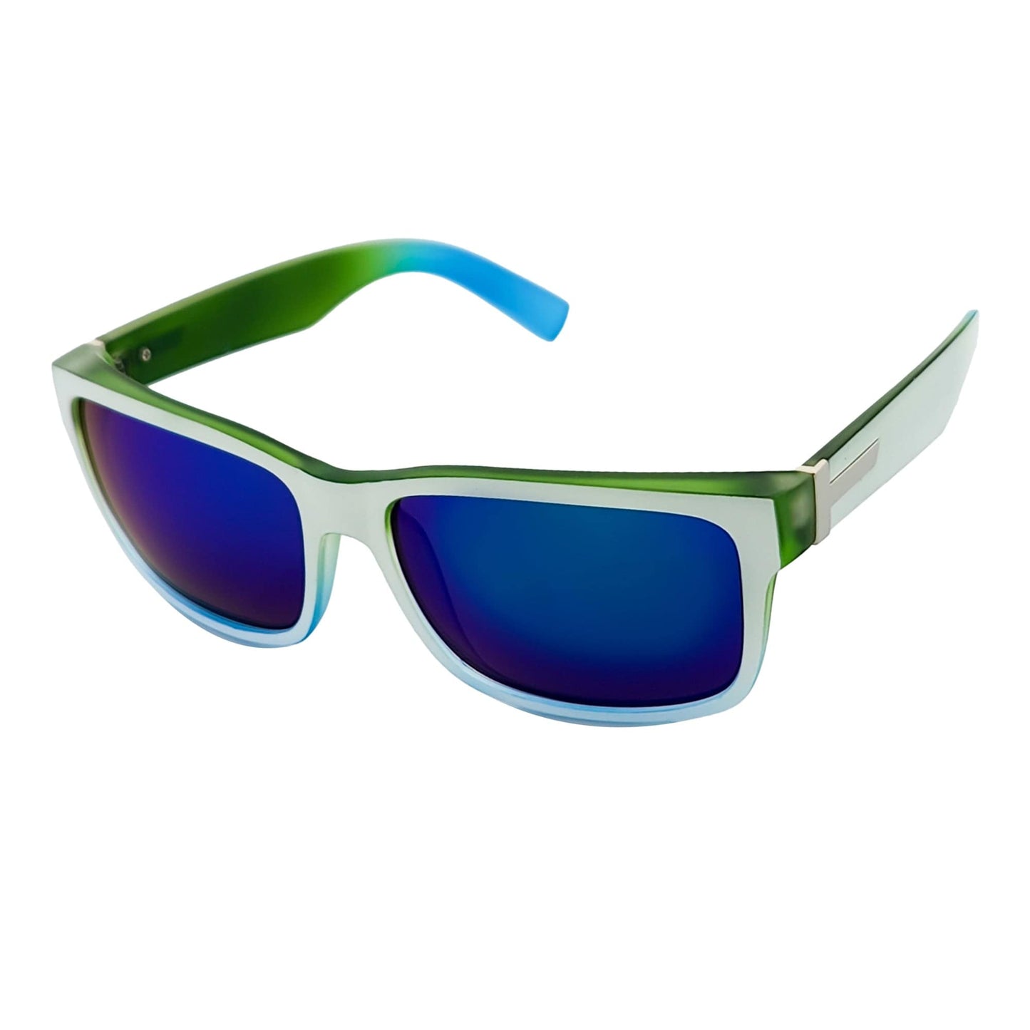 ENZO - Modern Sports Thick Square Sunglasses White-Green Blue Mirror