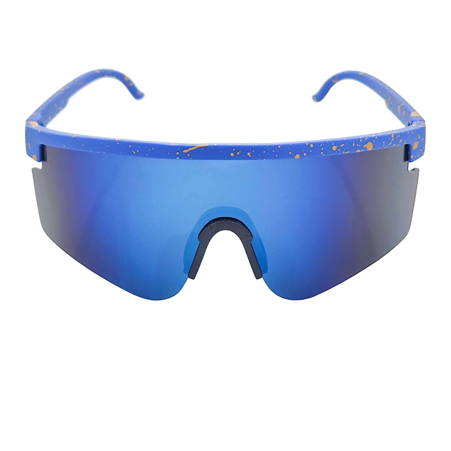 MONOLITH - X-Large Rimless Sports Shield Sunglasses Black Yellow-Blue Mirror