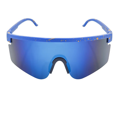 MONOLITH - X-Large Rimless Sports Shield Sunglasses Black Yellow-Blue Mirror