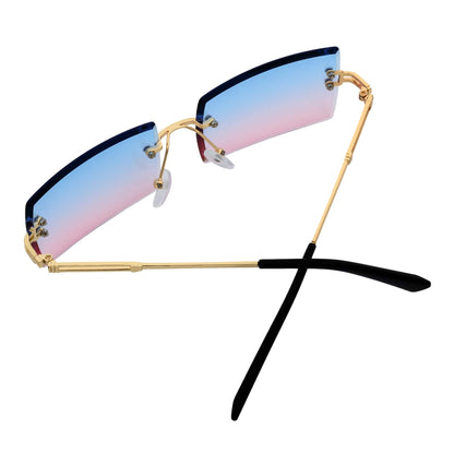 PREMIERE - Luxury 90s Small Metal Rimless Rectangle Sunglasses Gold Pink-Blue