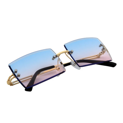 PREMIERE - Luxury 90s Small Metal Rimless Rectangle Sunglasses Gold Pink-Blue