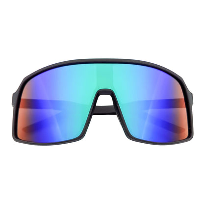 SENTRY - Large Sports Shield Sunglasses Matte Black Green-Blue Mirror
