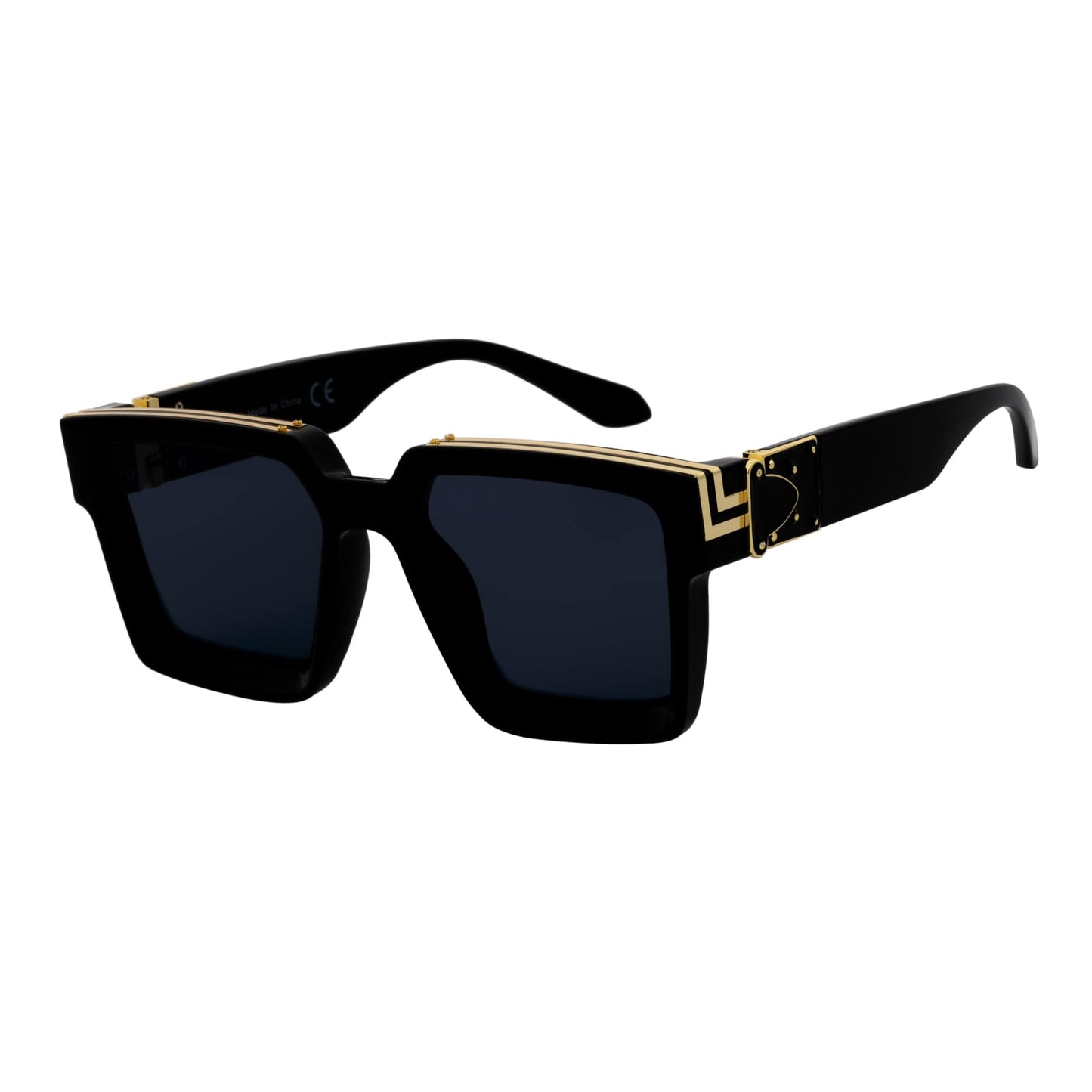 TWO BILLION - Large Fashion Square Horn Rimmed Sunglasses Gloss Black-Gold Smoke