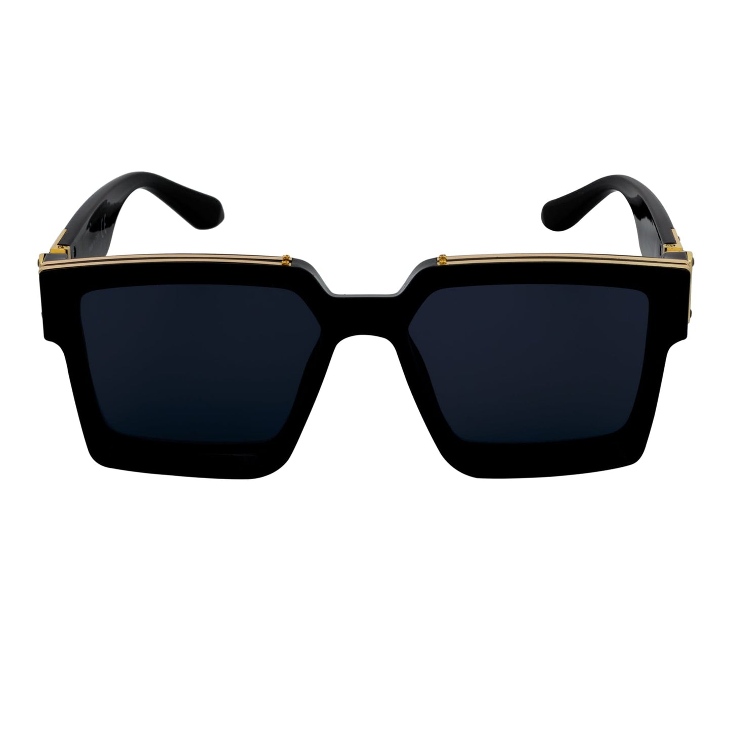 TWO BILLION - Large Fashion Square Horn Rimmed Sunglasses Gloss Black-Gold Smoke