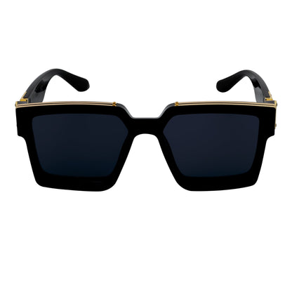 TWO BILLION - Large Fashion Square Horn Rimmed Sunglasses Gloss Black-Gold Smoke