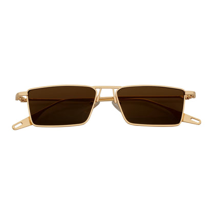 ZUIKO - Small Retro 90s Fashion Metal Rectangle Sunglasses Gold Brown Tint