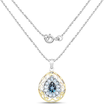 18K Yellow Gold Plate 4.44 Carat Genuine London Blue Topaz & Blue Topaz .925 Sterling Silver Pendant