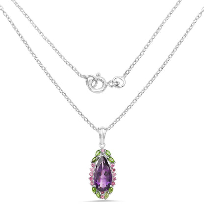 6.22 Carat Genuine Amethyst, Chrome Diopside and Rhodolite .925 Sterling Silver Pendant