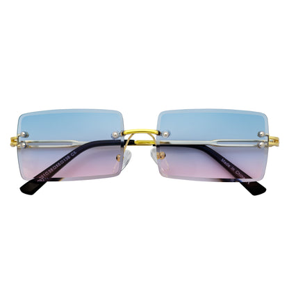 PREMIERE - Luxury 90s Small Metal Rimless Rectangle Sunglasses Gold Pink-Blue