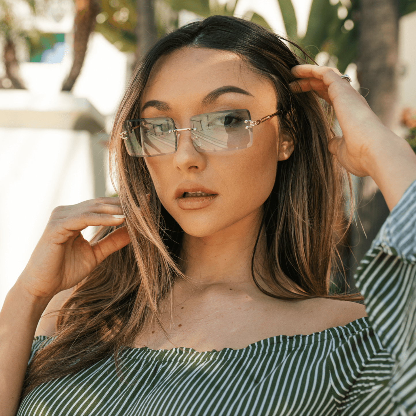 PREMIERE - Luxury 90s Small Metal Rimless Rectangle Sunglasses Gold Pink-Blue