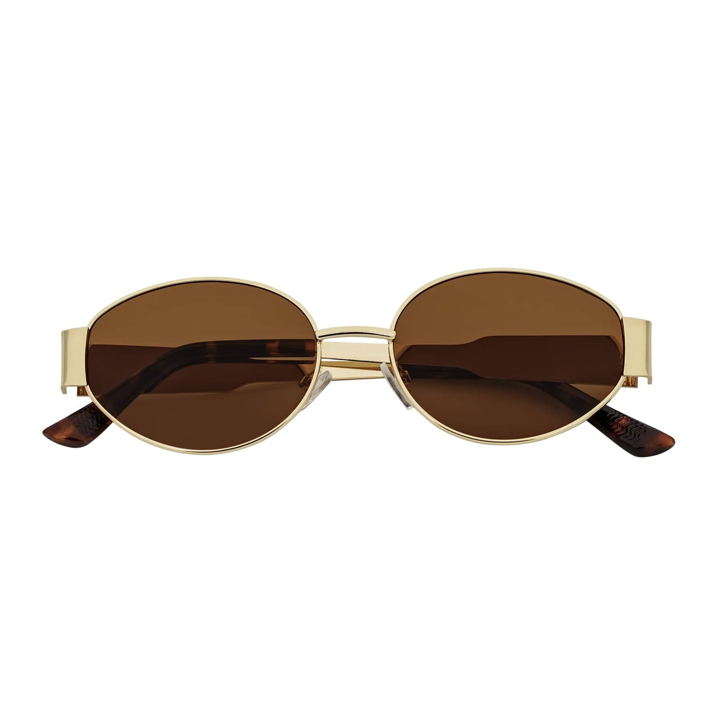 SELINE - Retro Small Metal Round Oval Sunglasses Gold Brown Tint