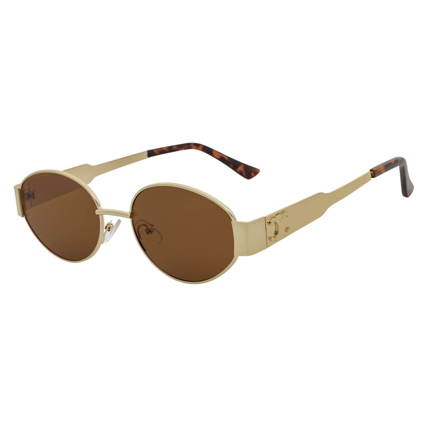 SELINE - Retro Small Metal Round Oval Sunglasses Gold Brown Tint