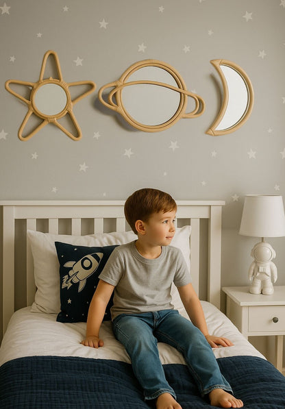 Rattan Moon Wall Mirror – Boho Space & Mystical Kids Room Decor