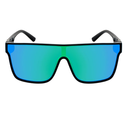 SYFY - Futuristic Square Flat Top Shield Sunglasses Black Green-Blue Mirror