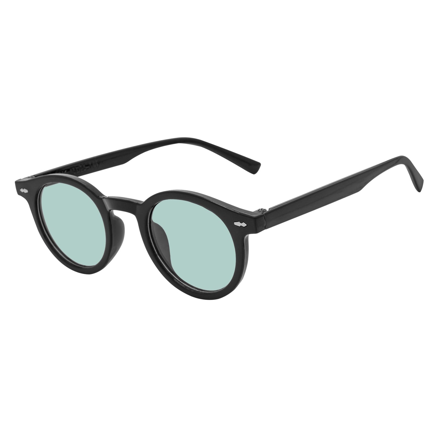 VIBES - Color Tint Retro Small Round Sunglasses Black Green Tint