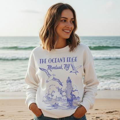 Montauk Lighthouse “The Ocean’s Edge” Coastal Graphic Crewneck Sweatshirt