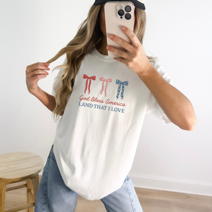 God Bless America Bow Graphic Tee – Patriotic Red White Blue Shirt