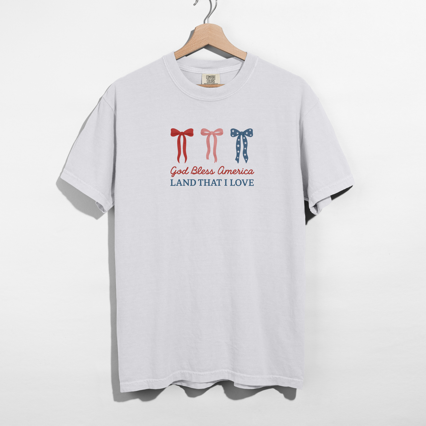 God Bless America Bow Graphic Tee – Patriotic Red White Blue Shirt