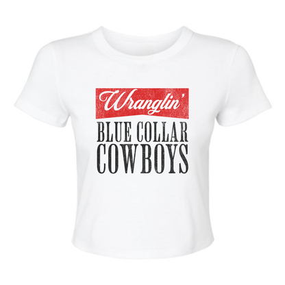 Wranglin’ Blue Collar Cowboys Crop Tee – Western Cowgirl Graphic Shirt